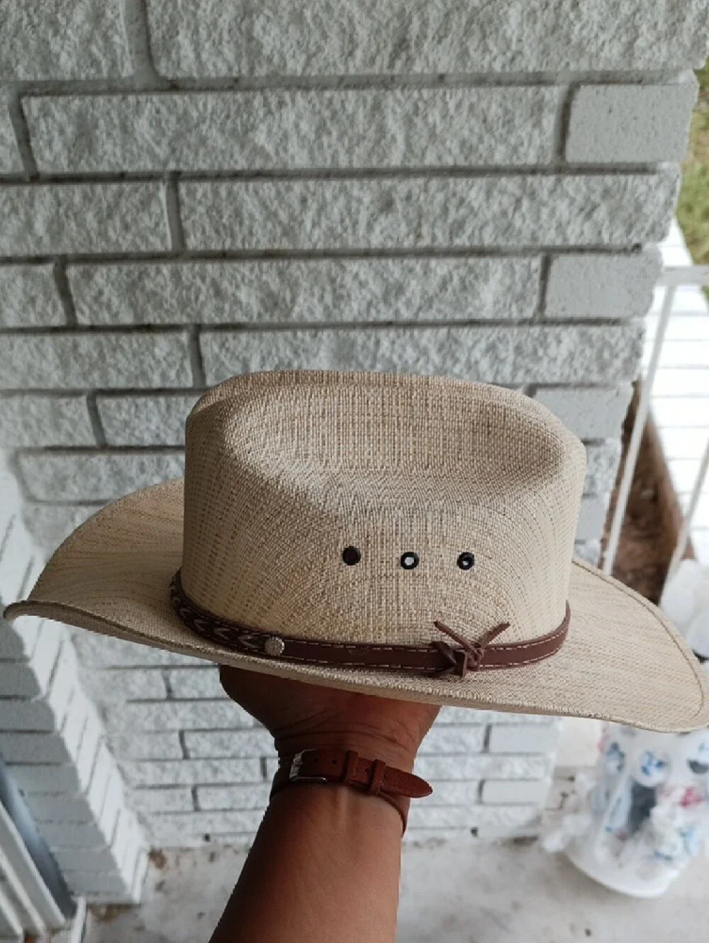 Kids Cream Straw Cowboy Hat with Brown Braided Band